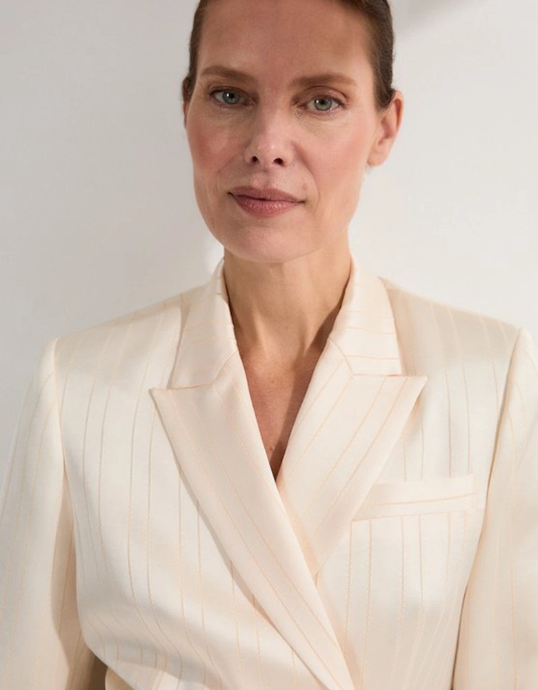 Petite Premium Satin Pinstripe Tuxedo Oversized Tailored Blazer