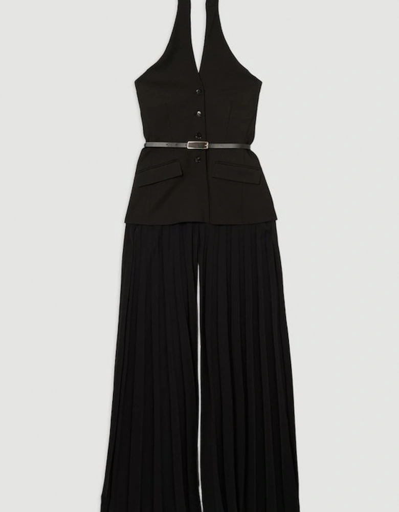 Compact Stretch Halter Neck Pleated Wide Leg Jumpsuit