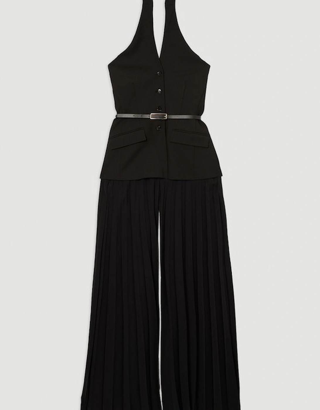 Compact Stretch Halter Neck Pleated Wide Leg Jumpsuit