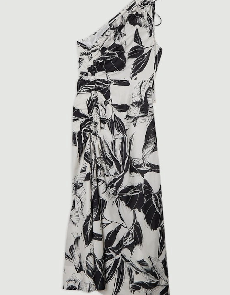 Palm Border Print Cotton Voile One Shoulder Midi Dress