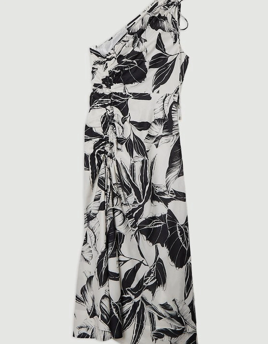 Palm Border Print Cotton Voile One Shoulder Midi Dress