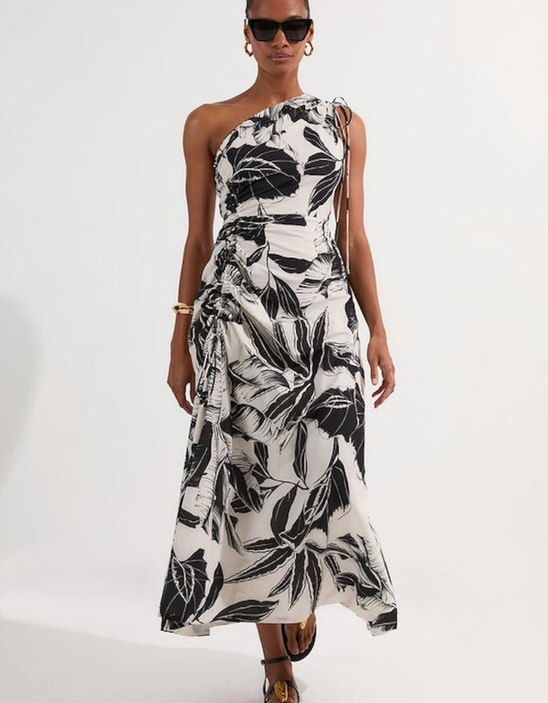 Palm Border Print Cotton Voile One Shoulder Midi Dress