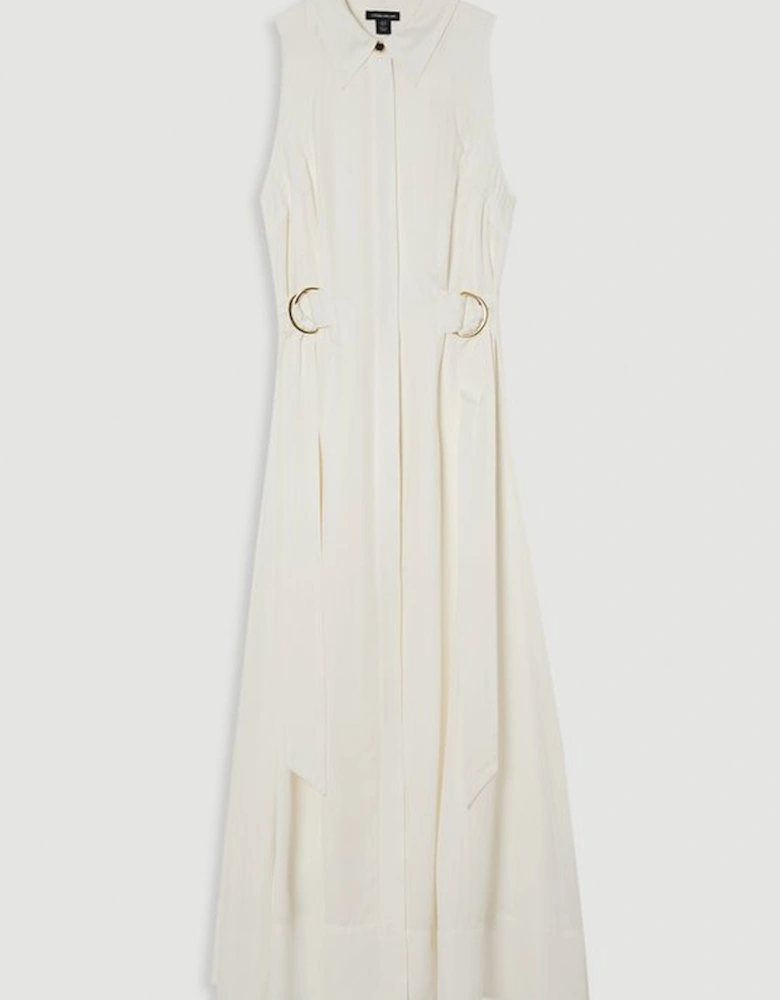 Premium Viscose Linen Topstitch Halter Neck Woven Midi Dress With D Ring Detail