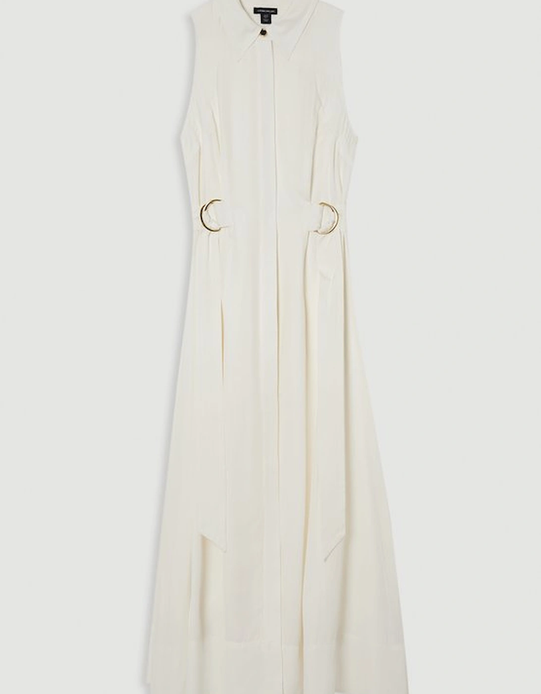 Premium Viscose Linen Topstitch Halter Neck Woven Midi Dress With D Ring Detail