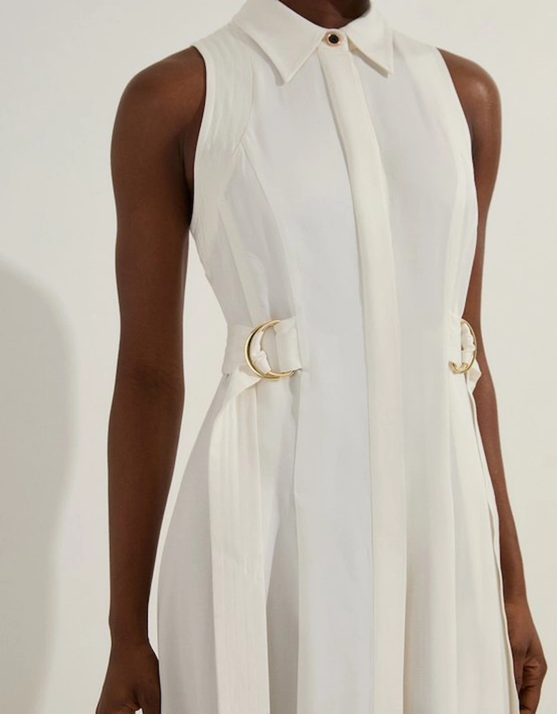 Premium Viscose Linen Topstitch Halter Neck Woven Midi Dress With D Ring Detail