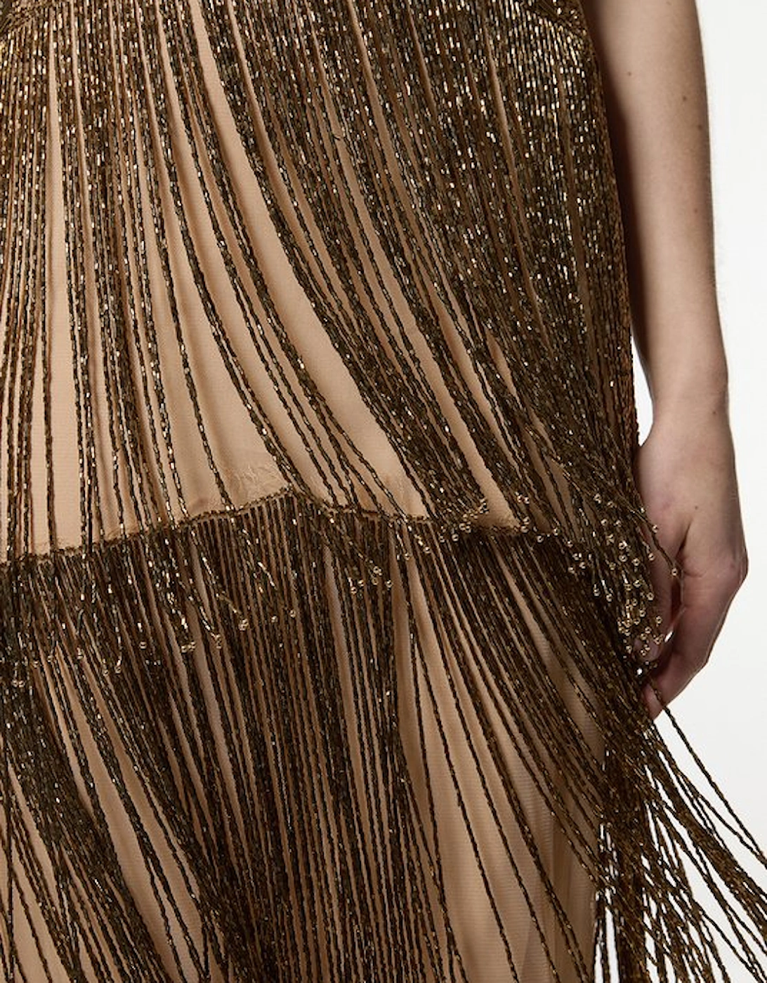Petite Premium Embellished And Beaded Layered Fringing Woven Midi Dress