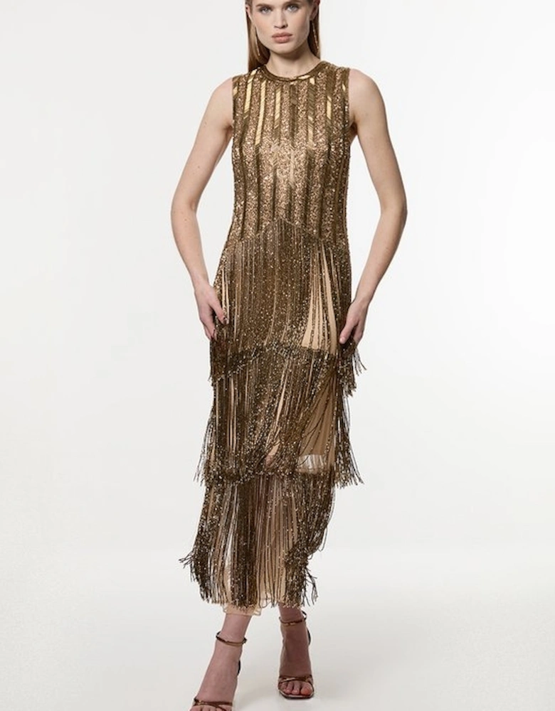 Petite Premium Embellished And Beaded Layered Fringing Woven Midi Dress