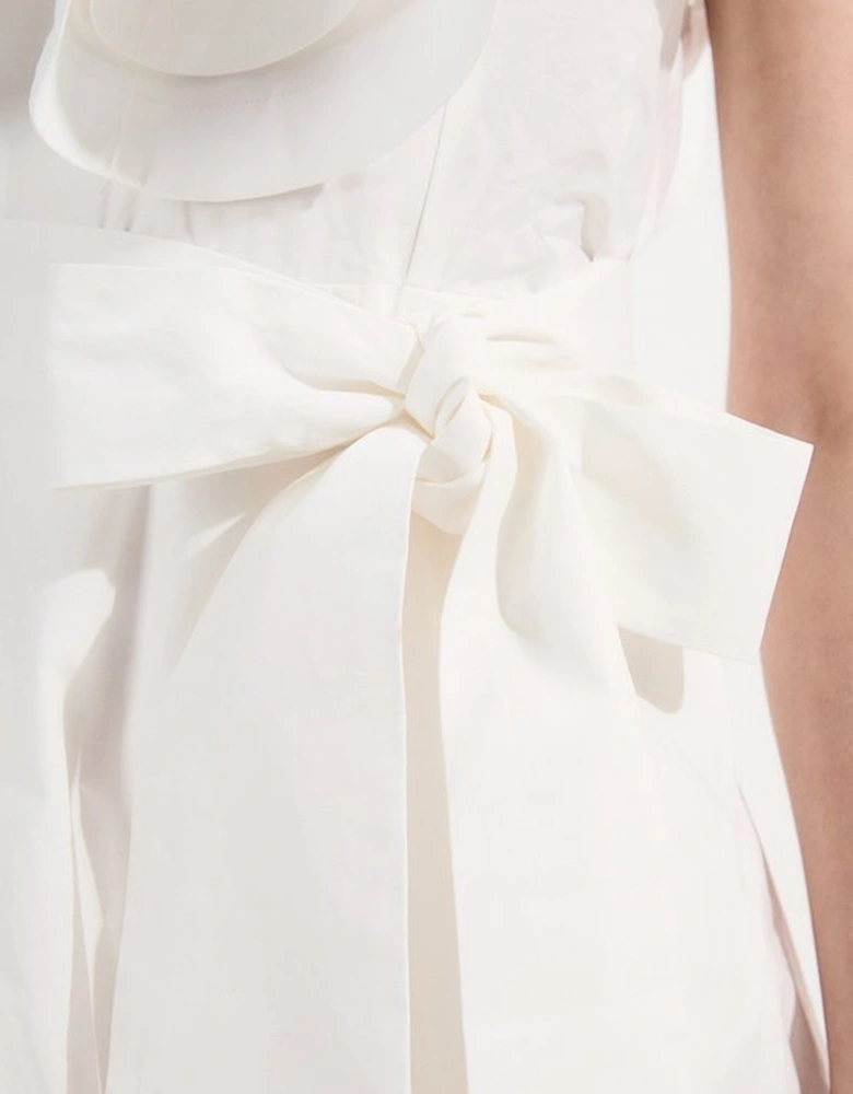 Petite Cotton Poplin Structured Ruffle Tie Belt Woven Midi Dress