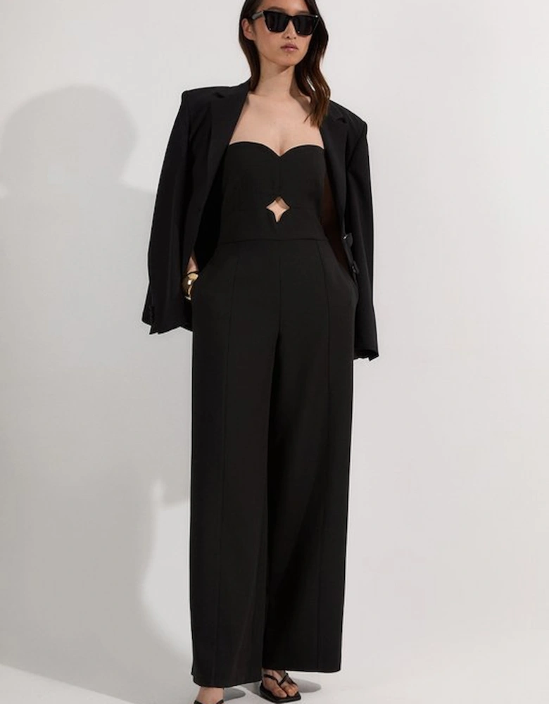 Compact Stretch Bandeau Tailored Wide Leg Jumpsuit