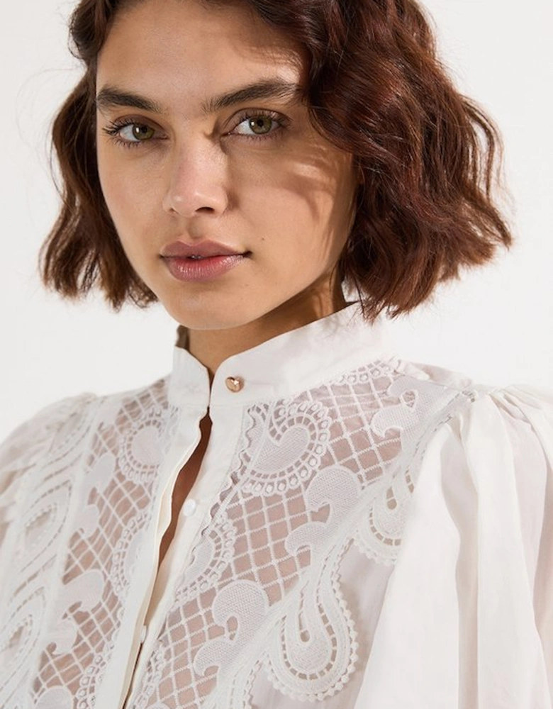 Poplin Cutwork Ruffle Trim Balloon Sleeve Woven Shirt Dress
