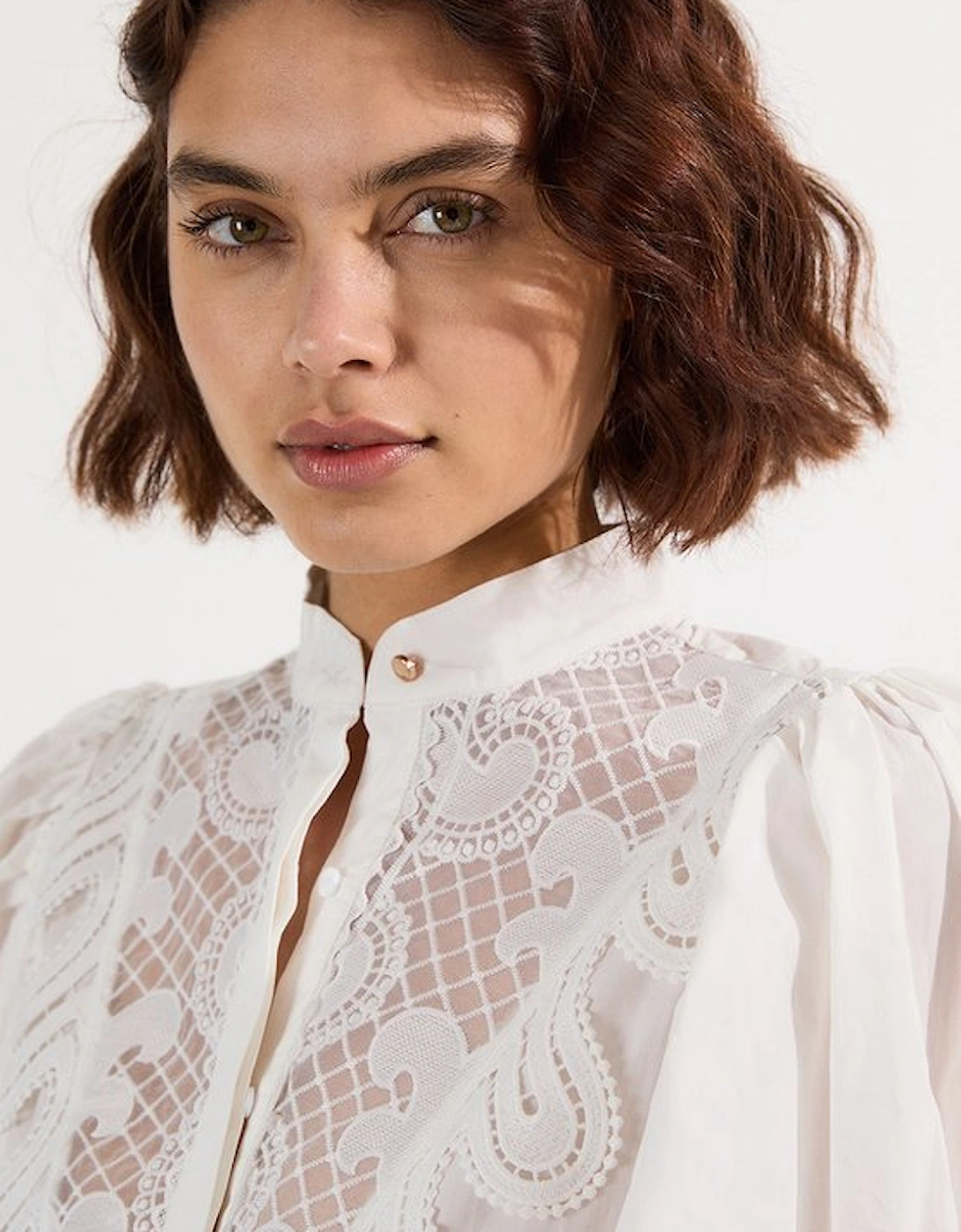 Poplin Cutwork Ruffle Trim Balloon Sleeve Woven Shirt Dress