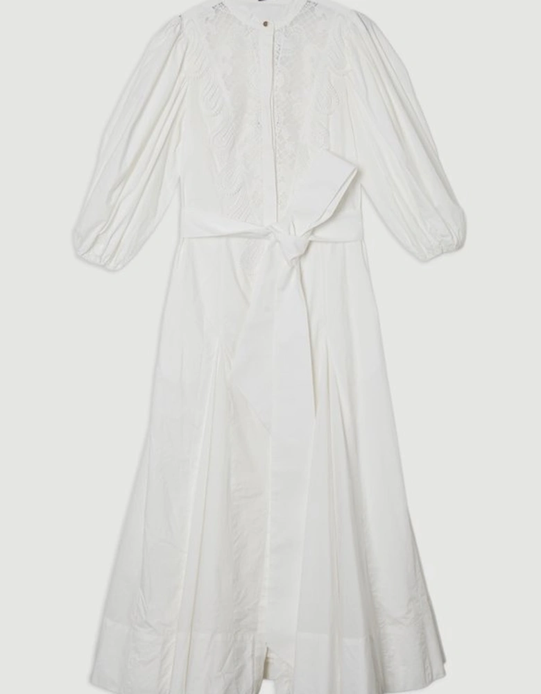 Poplin Cutwork Ruffle Trim Balloon Sleeve Woven Shirt Dress