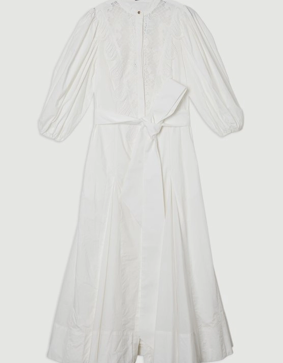 Poplin Cutwork Ruffle Trim Balloon Sleeve Woven Shirt Dress