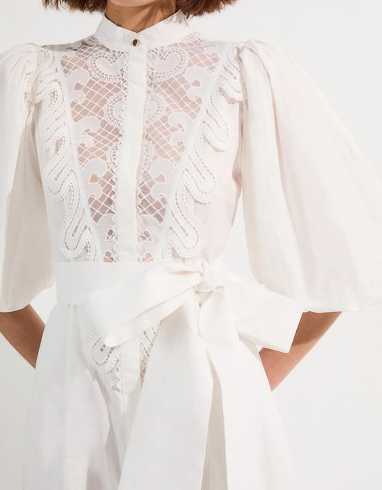 Poplin Cutwork Ruffle Trim Balloon Sleeve Woven Shirt Dress