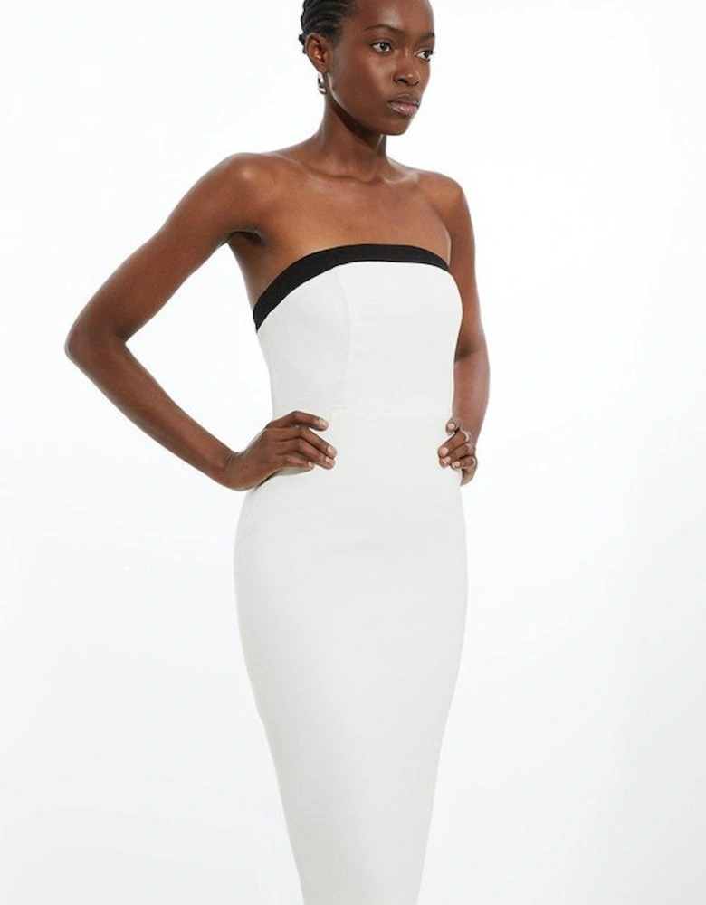 Petite Compact Stretch Viscose Tailored Contrast Detail Bandeau Midi Dress