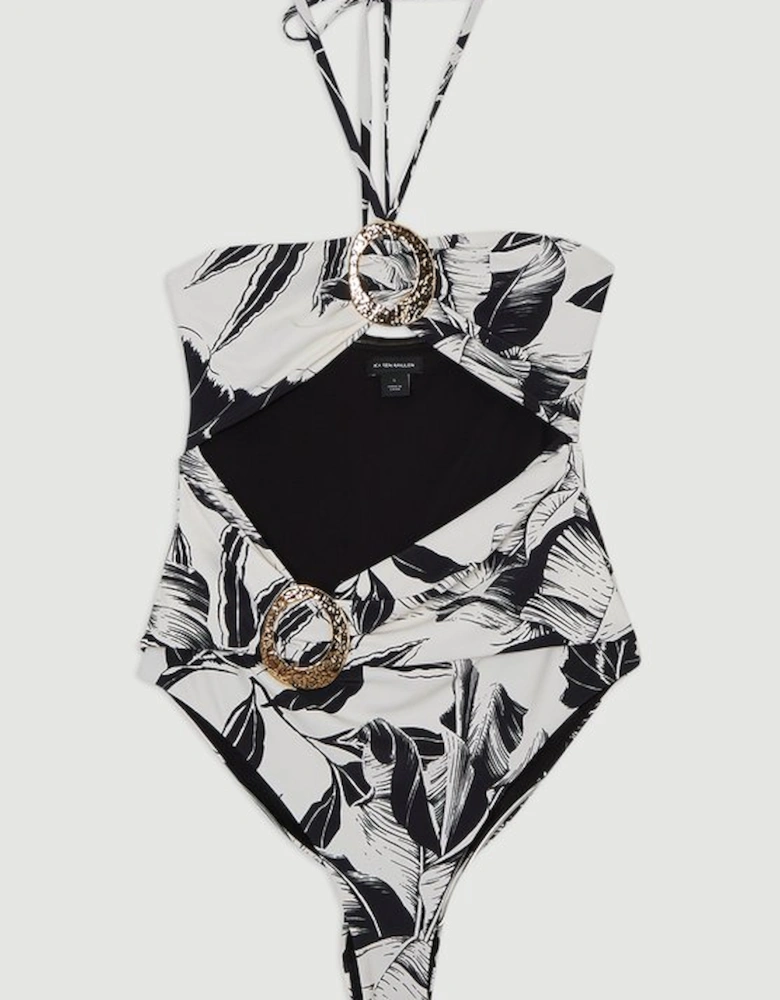 Slinky Palm Print Cut Out Swimsuit