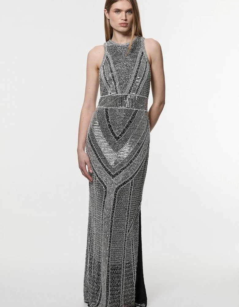Premium Beading And Embellished Woven Halter Neck Maxi Dress