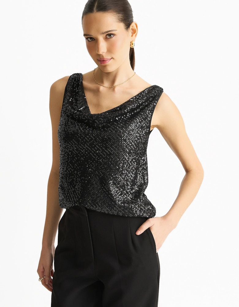 Black Sequin Cowl Neck Cami Top