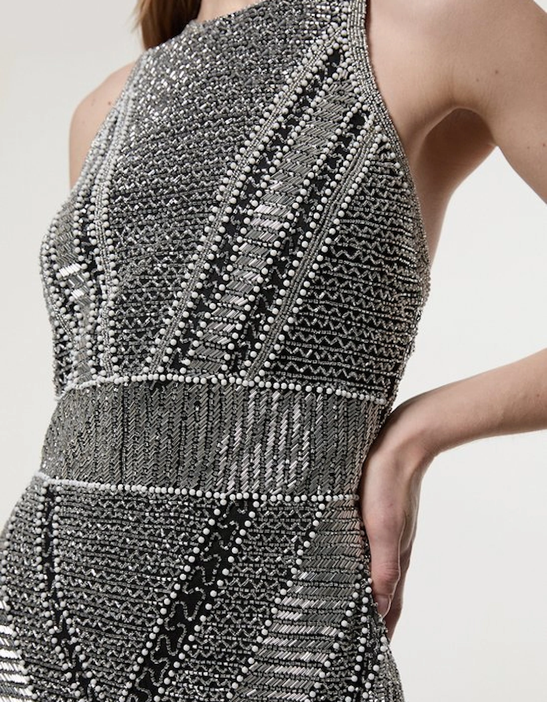 Premium Beading And Embellished Woven Halter Neck Maxi Dress