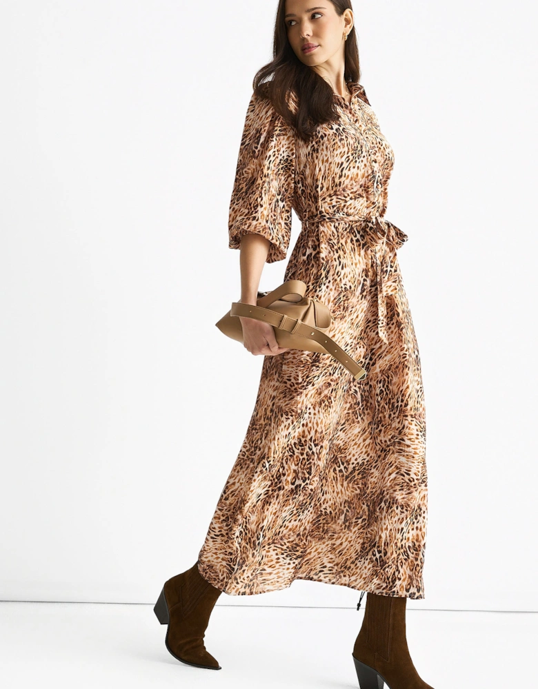 Brown Animal Printed Shirt Midi Dress