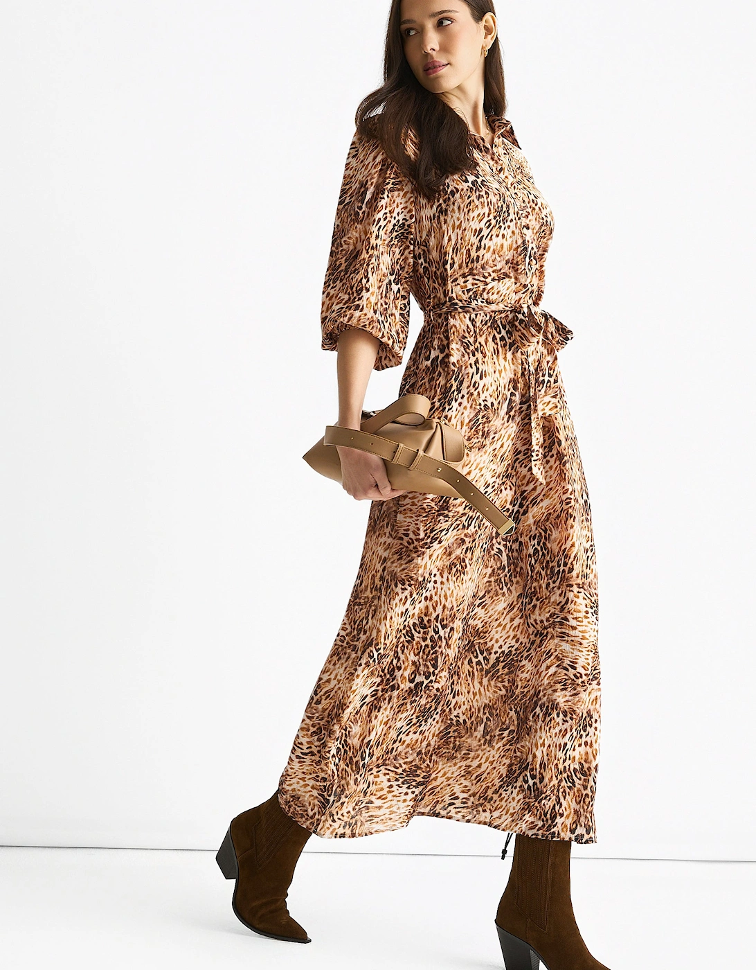 Brown Animal Printed Shirt Midi Dress