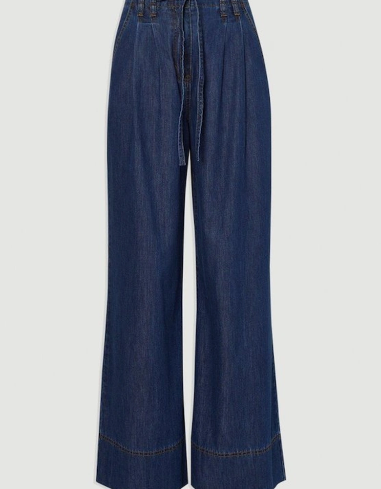 Denim Tie Waist Wide Leg Tailored Trouser