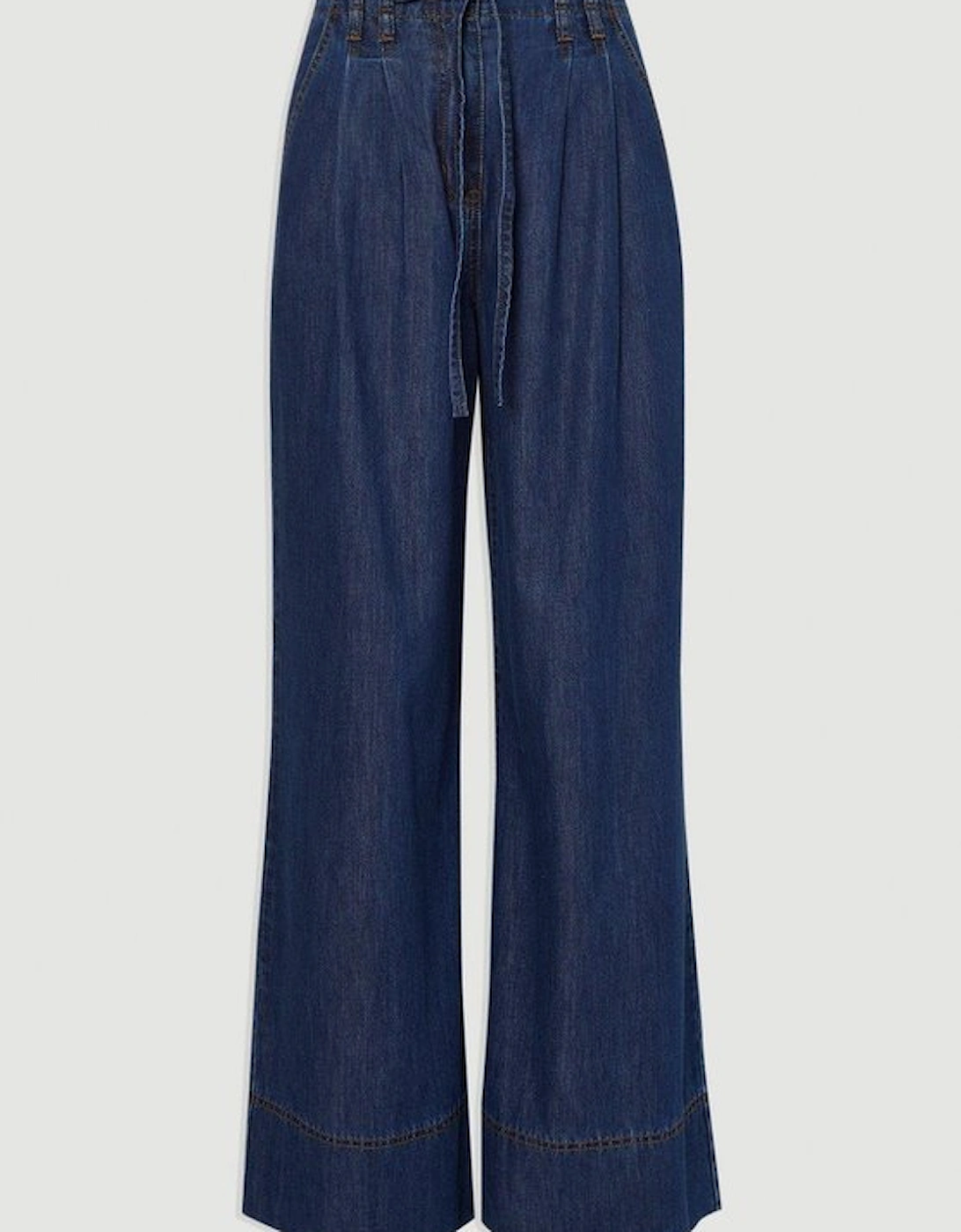 Denim Tie Waist Wide Leg Tailored Trouser