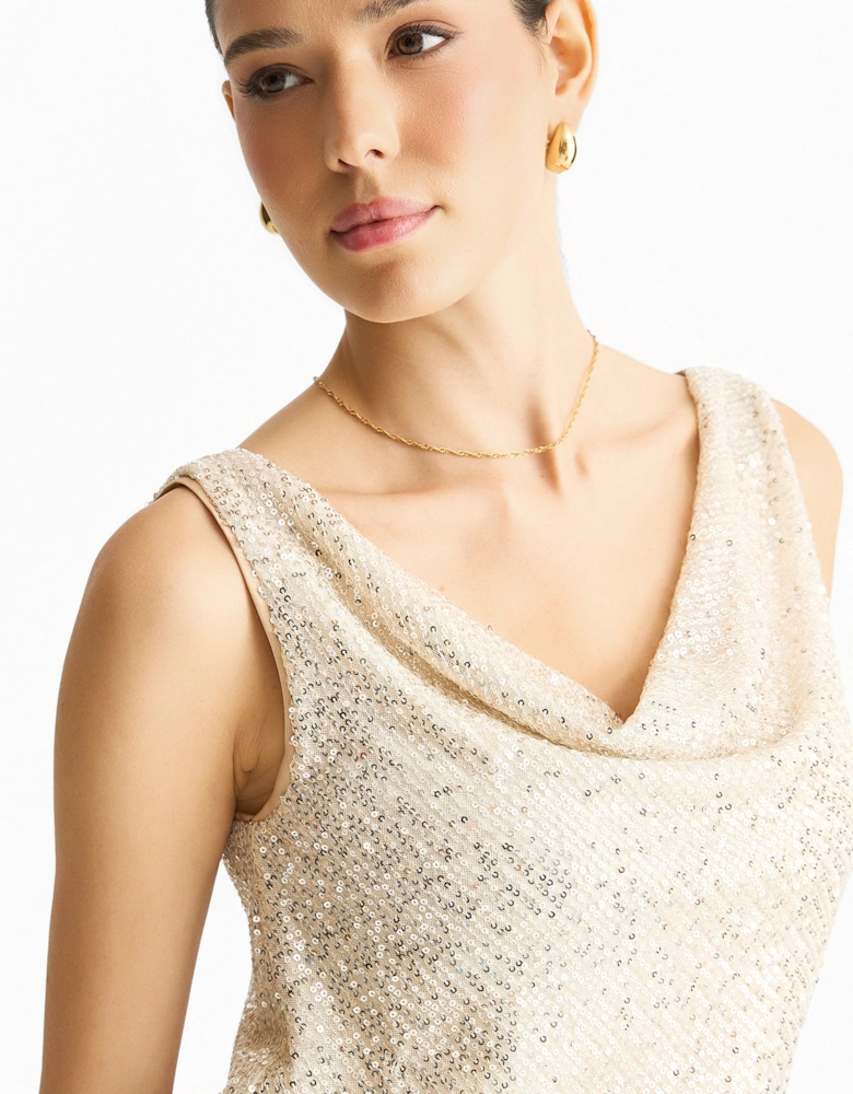 Champagne Sequin Cowl Neck Cami Top