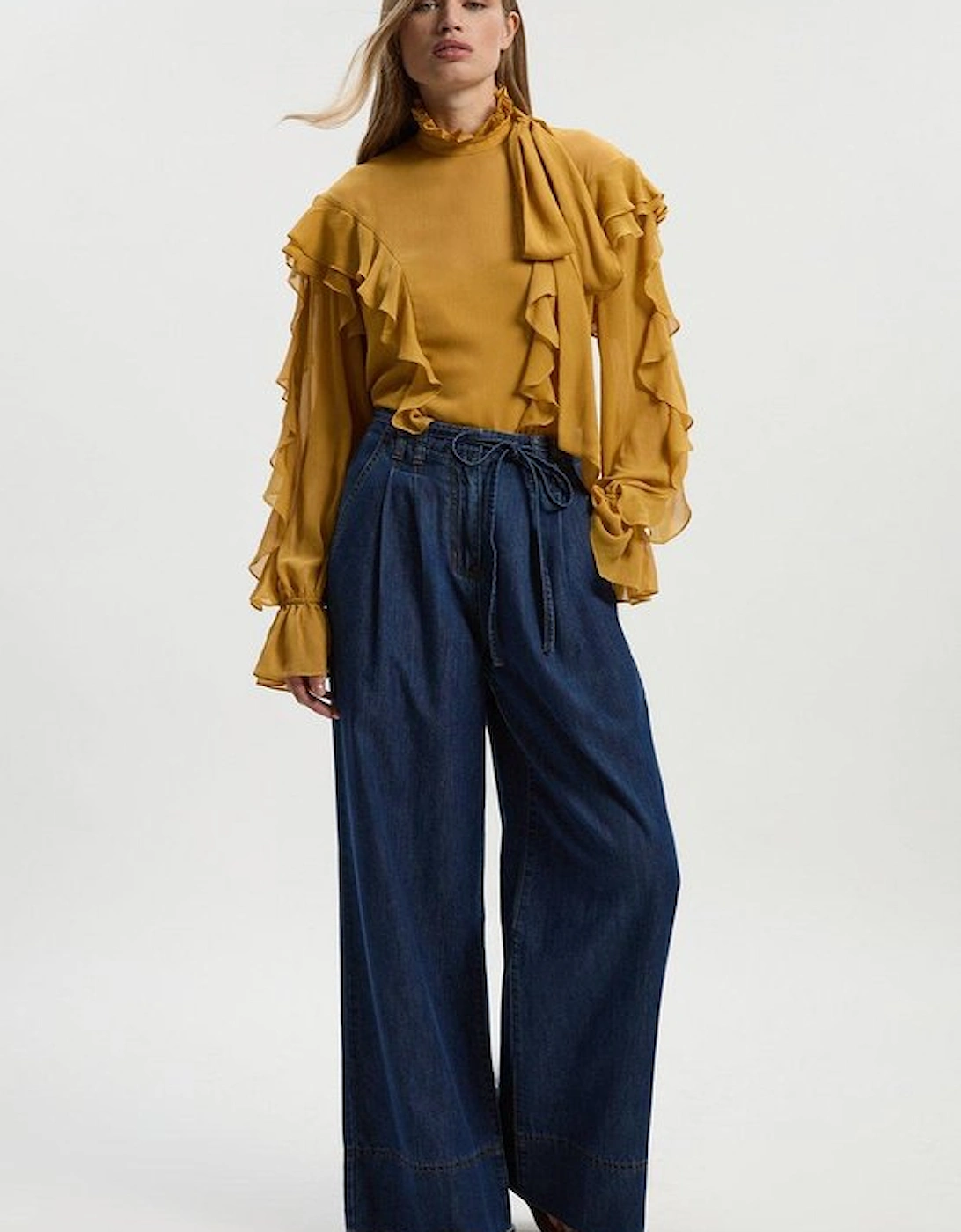 Denim Tie Waist Wide Leg Tailored Trouser