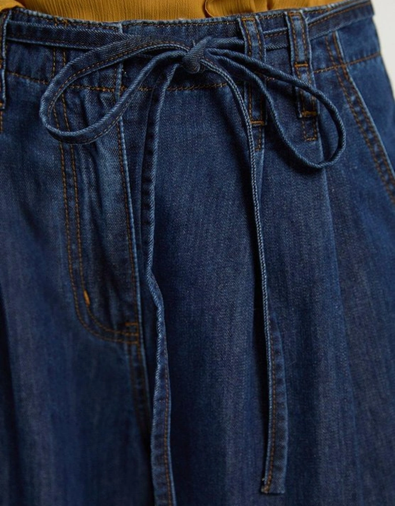Denim Tie Waist Wide Leg Tailored Trouser