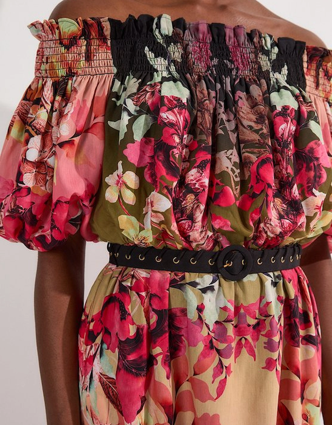 Voile Mirrored Floral Woven Bardot Midi Dress