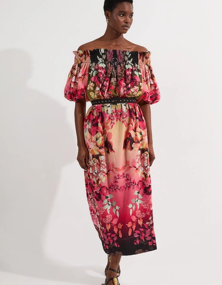 Voile Mirrored Floral Woven Bardot Midi Dress