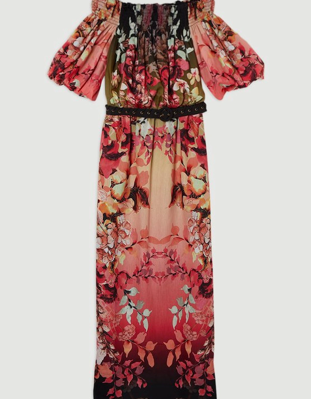 Voile Mirrored Floral Woven Bardot Midi Dress