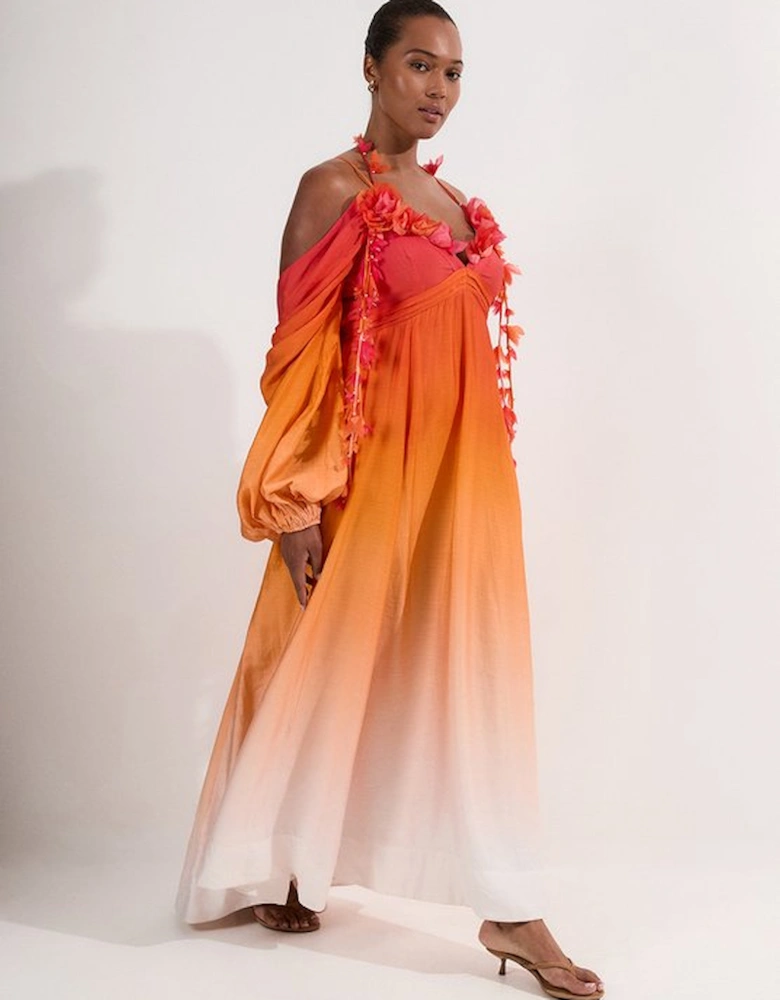 Plus Size Ombre Applique Printed Cold Shoulder Woven Maxi Dress