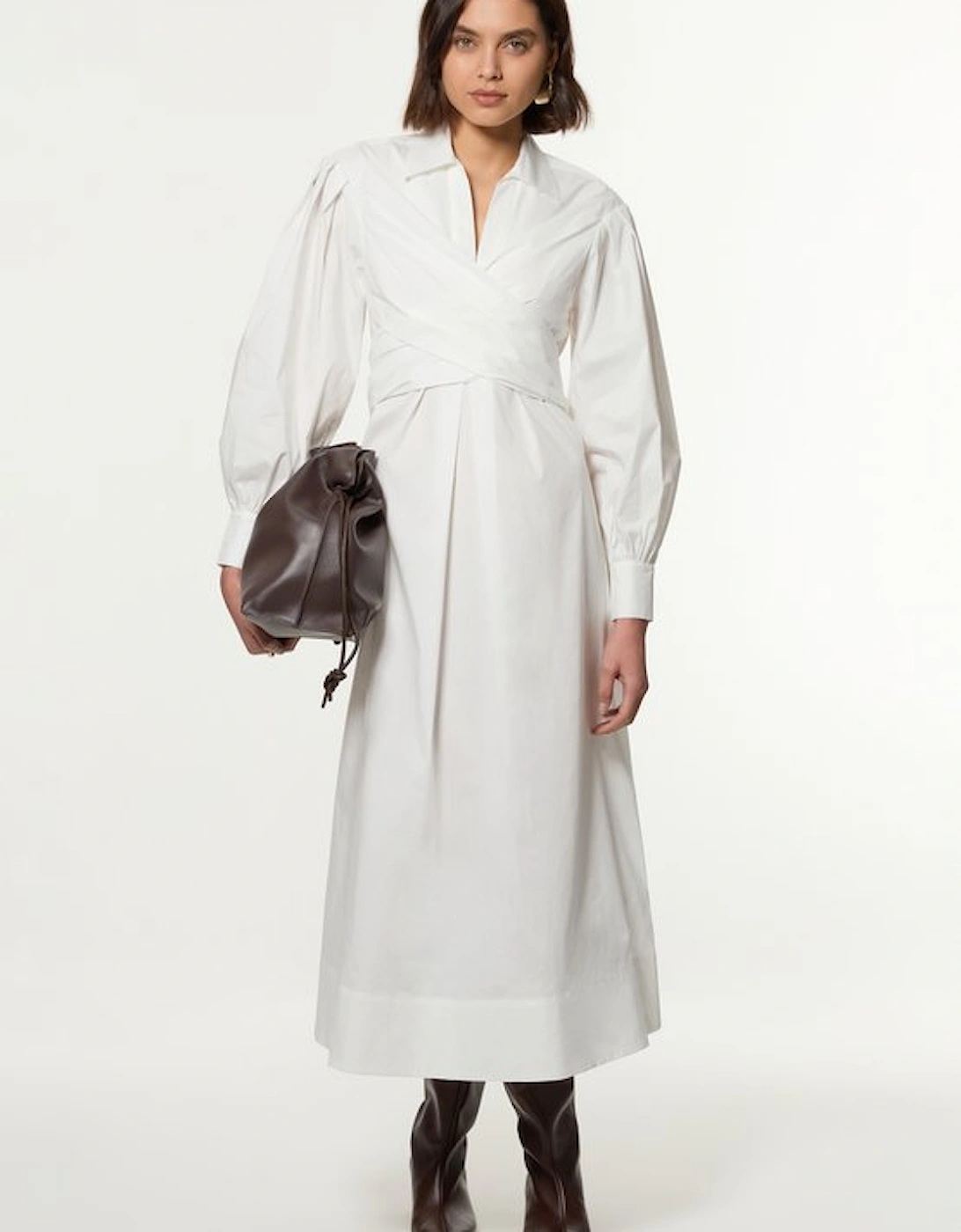 Petite Cotton Poplin Drama Sleeve Woven Wrap Detail Shirt Dress, 5 of 4