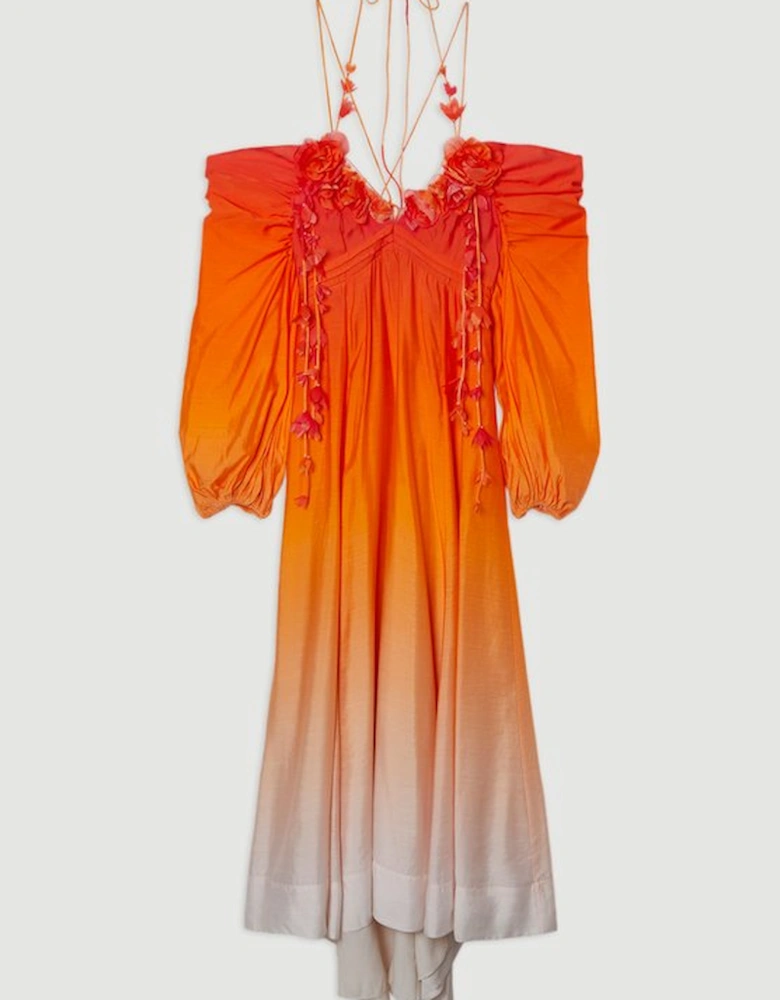 Plus Size Ombre Applique Printed Cold Shoulder Woven Maxi Dress