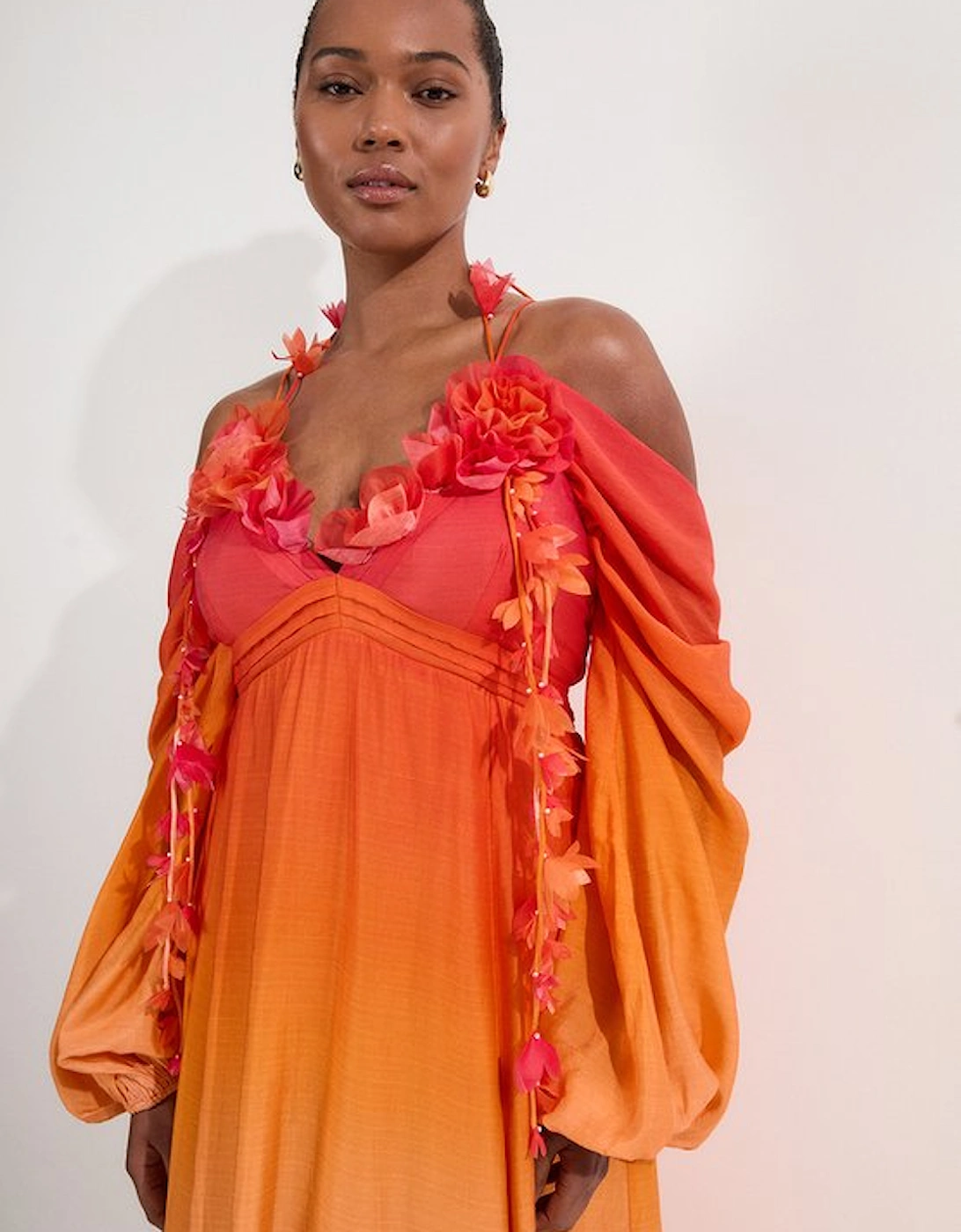 Plus Size Ombre Applique Printed Cold Shoulder Woven Maxi Dress