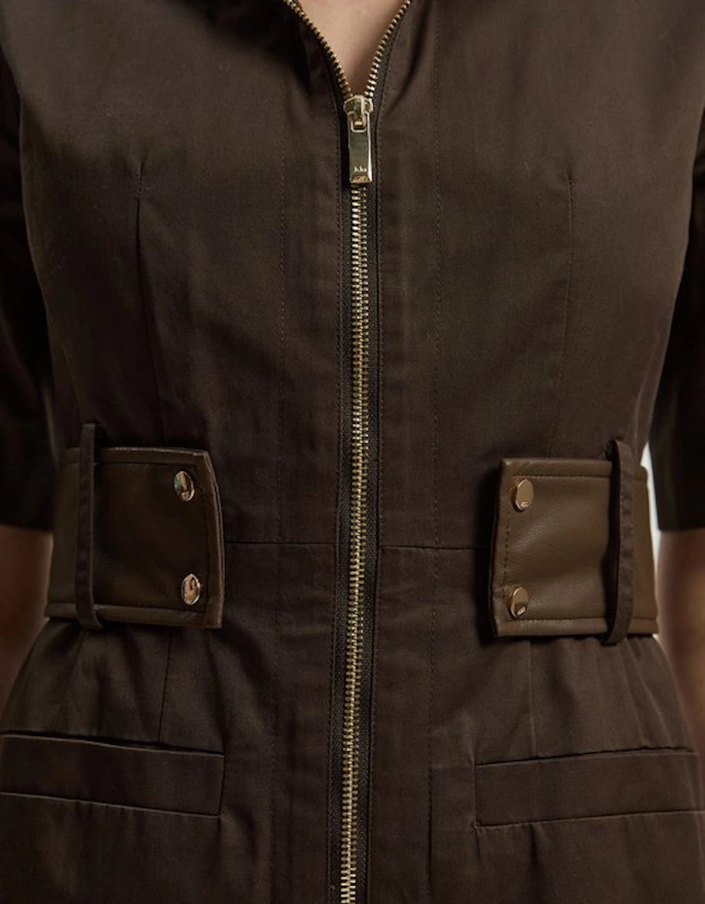Cotton & Faux Leather Tab Utility Midi Dress