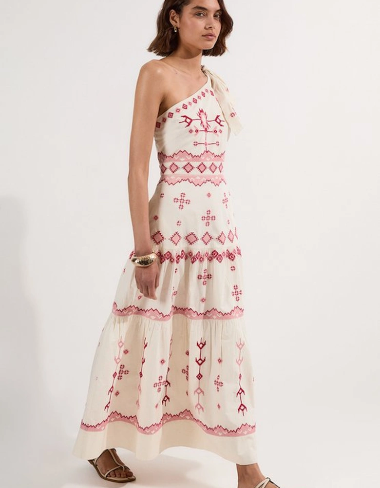 Cotton Embroidered Woven One Shoulder Maxi Dress