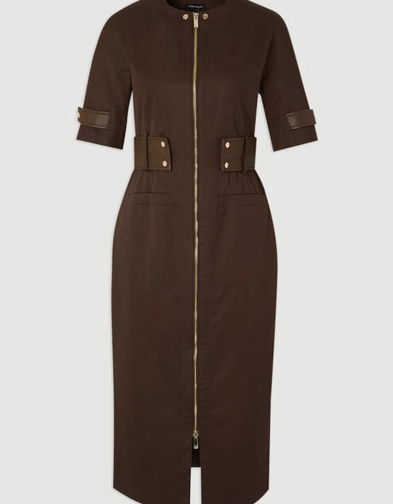 Cotton & Faux Leather Tab Utility Midi Dress