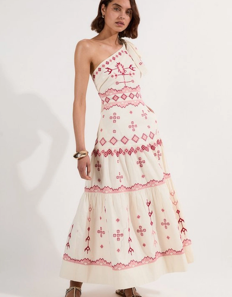 Cotton Embroidered Woven One Shoulder Maxi Dress