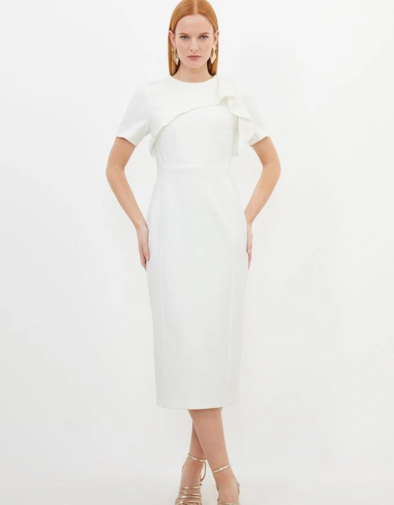 Petite Tailored Structured Crepe Ruffle Pencil Midi Dress