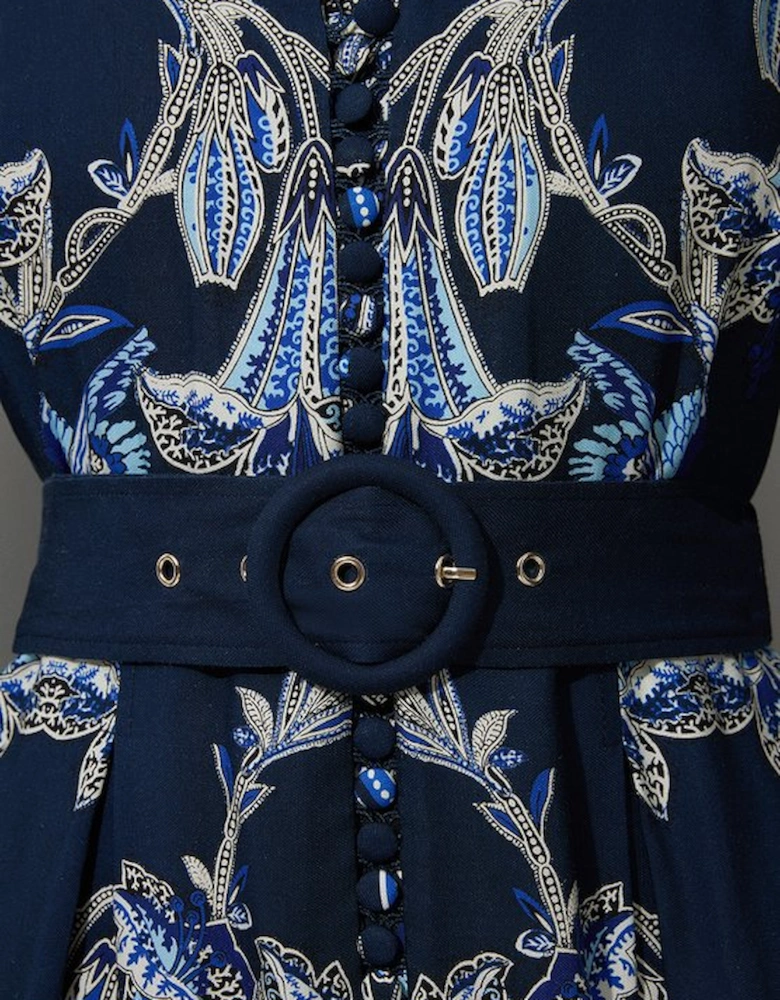 Viscose Linen Mirrored Floral Woven Midi Dress With Raffia Belt