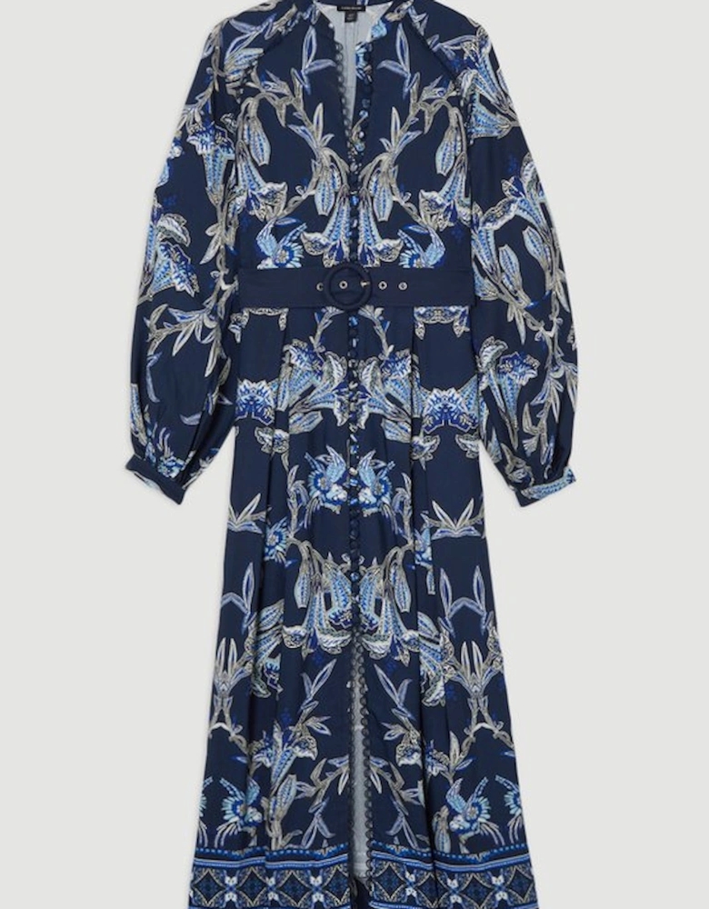 Viscose Linen Mirrored Floral Woven Midi Dress With Raffia Belt