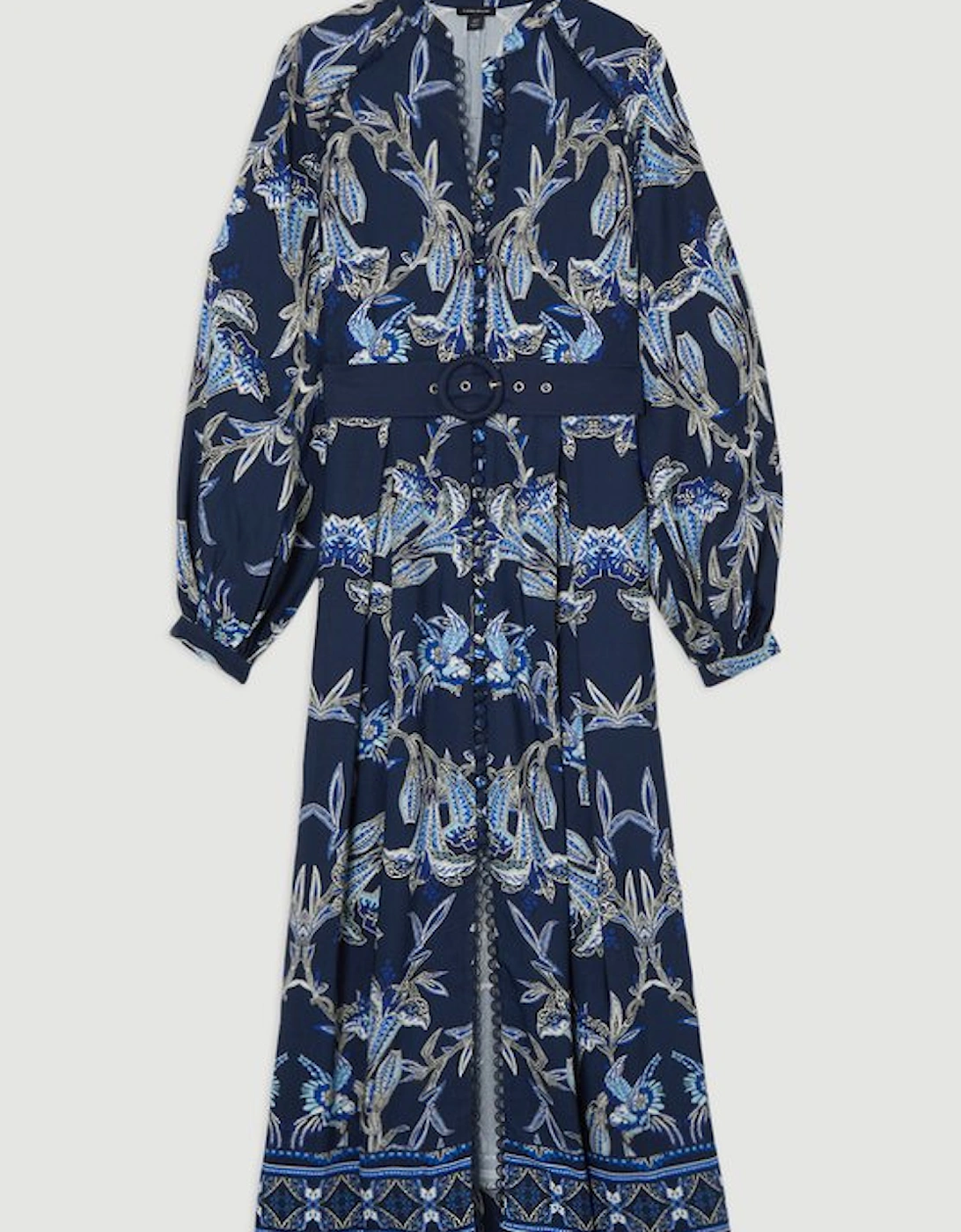 Viscose Linen Mirrored Floral Woven Midi Dress With Raffia Belt