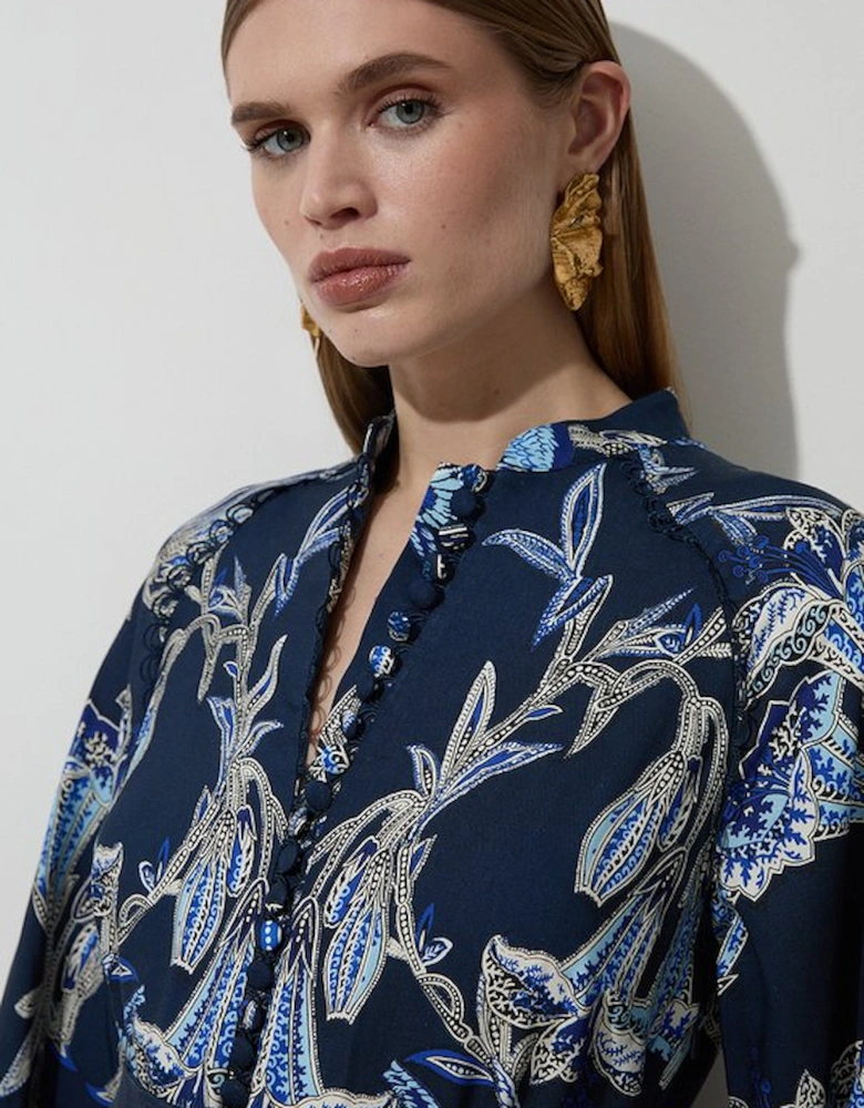 Viscose Linen Mirrored Floral Woven Midi Dress With Raffia Belt