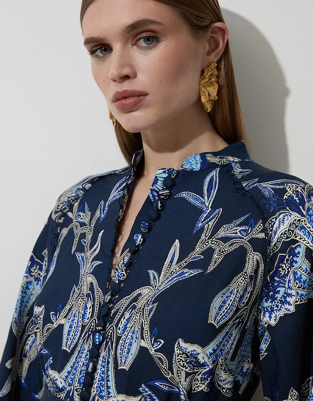 Viscose Linen Mirrored Floral Woven Midi Dress With Raffia Belt