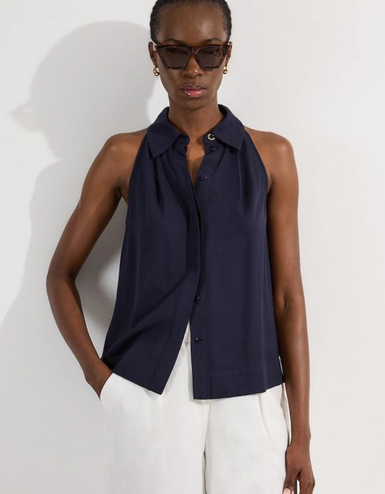 Tall Premium Viscose Linen Halter Collared Woven Sleeveless Shirt
