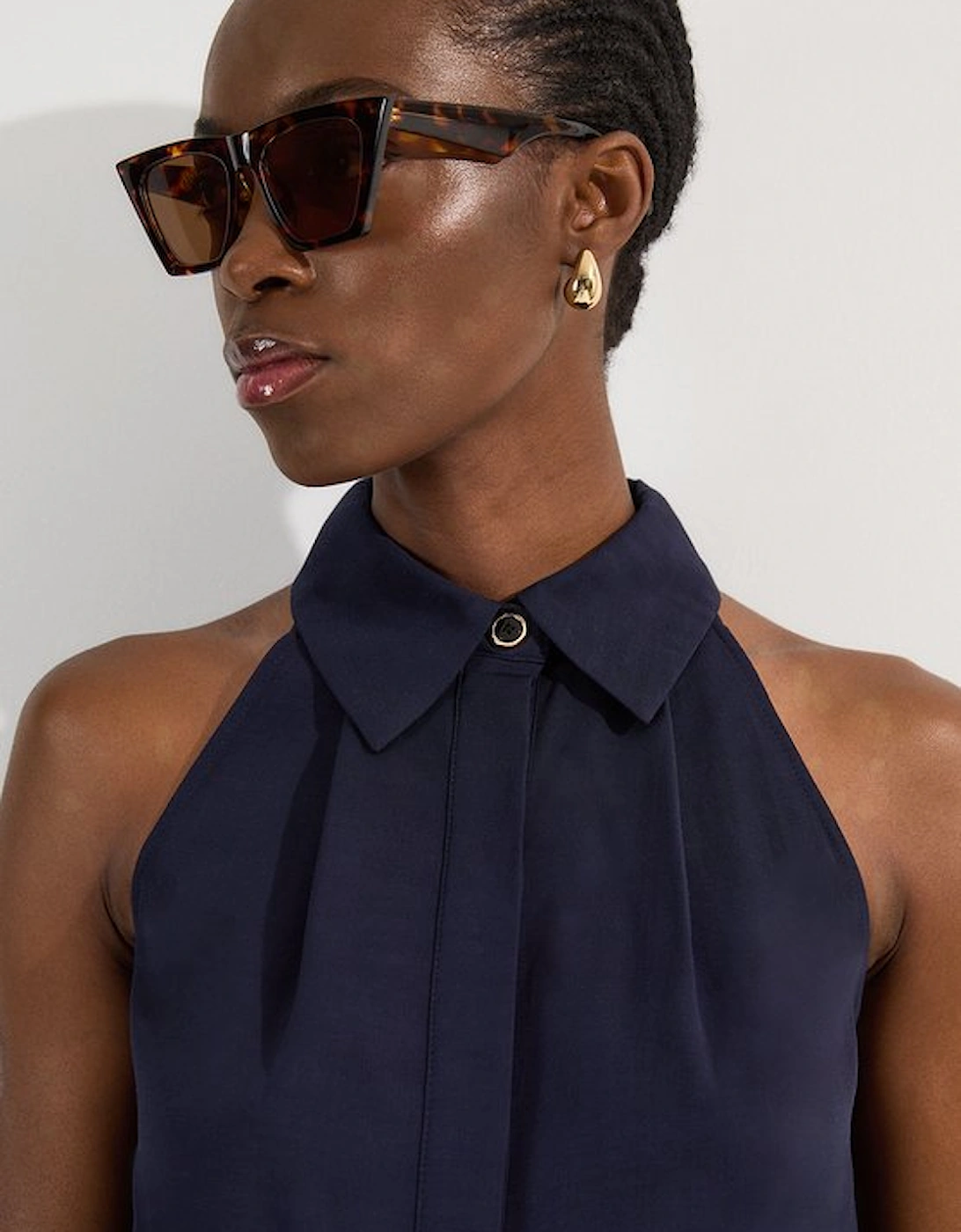 Tall Premium Viscose Linen Halter Collared Woven Sleeveless Shirt
