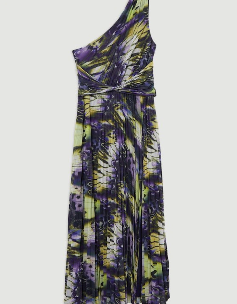 Crinkle Feather Print Woven One Shoulder Maxi Dress